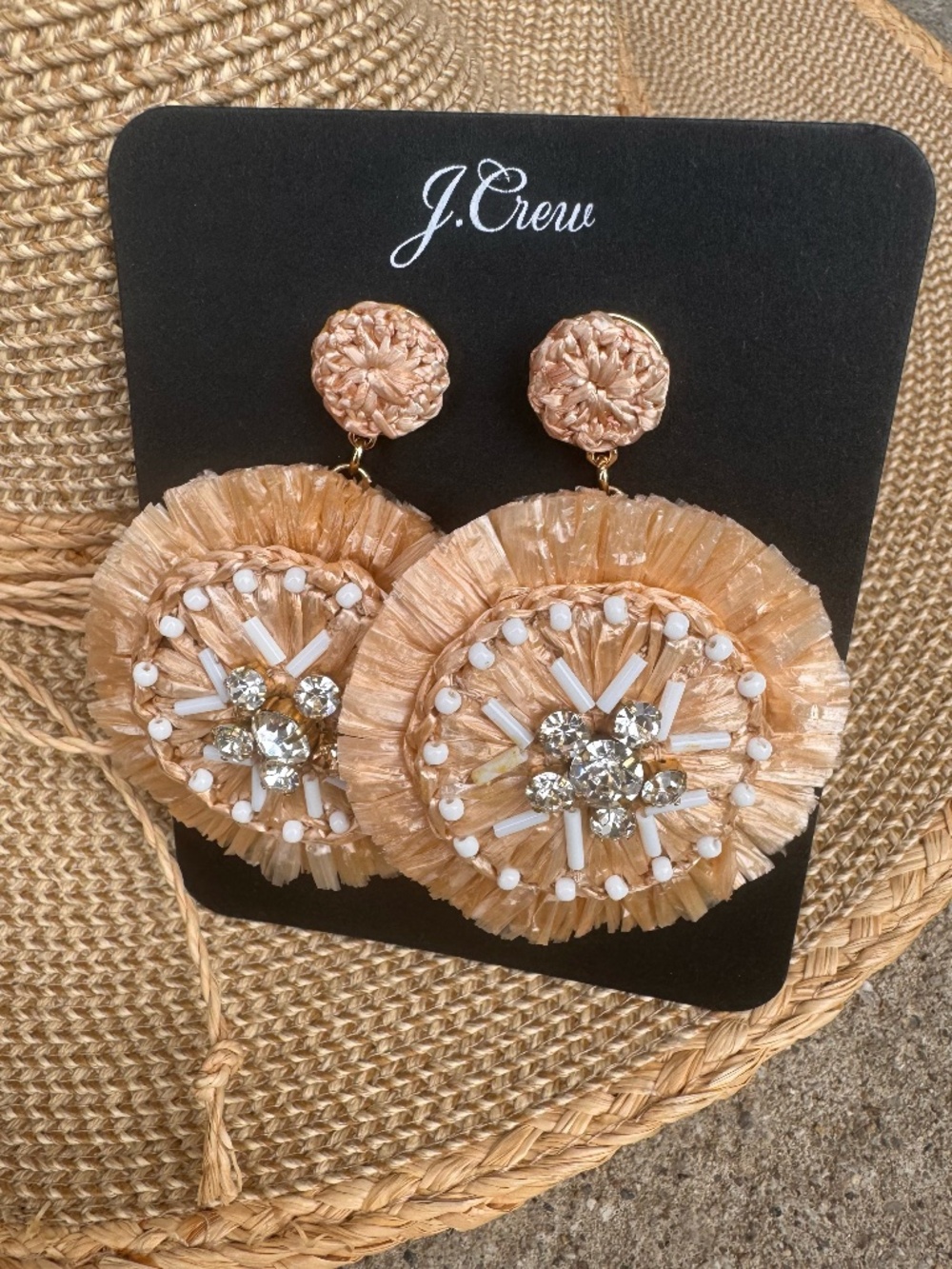 J.Crew Raffia Statement Earrings Natural Gold Boho Resort Summer Lightweight NWT